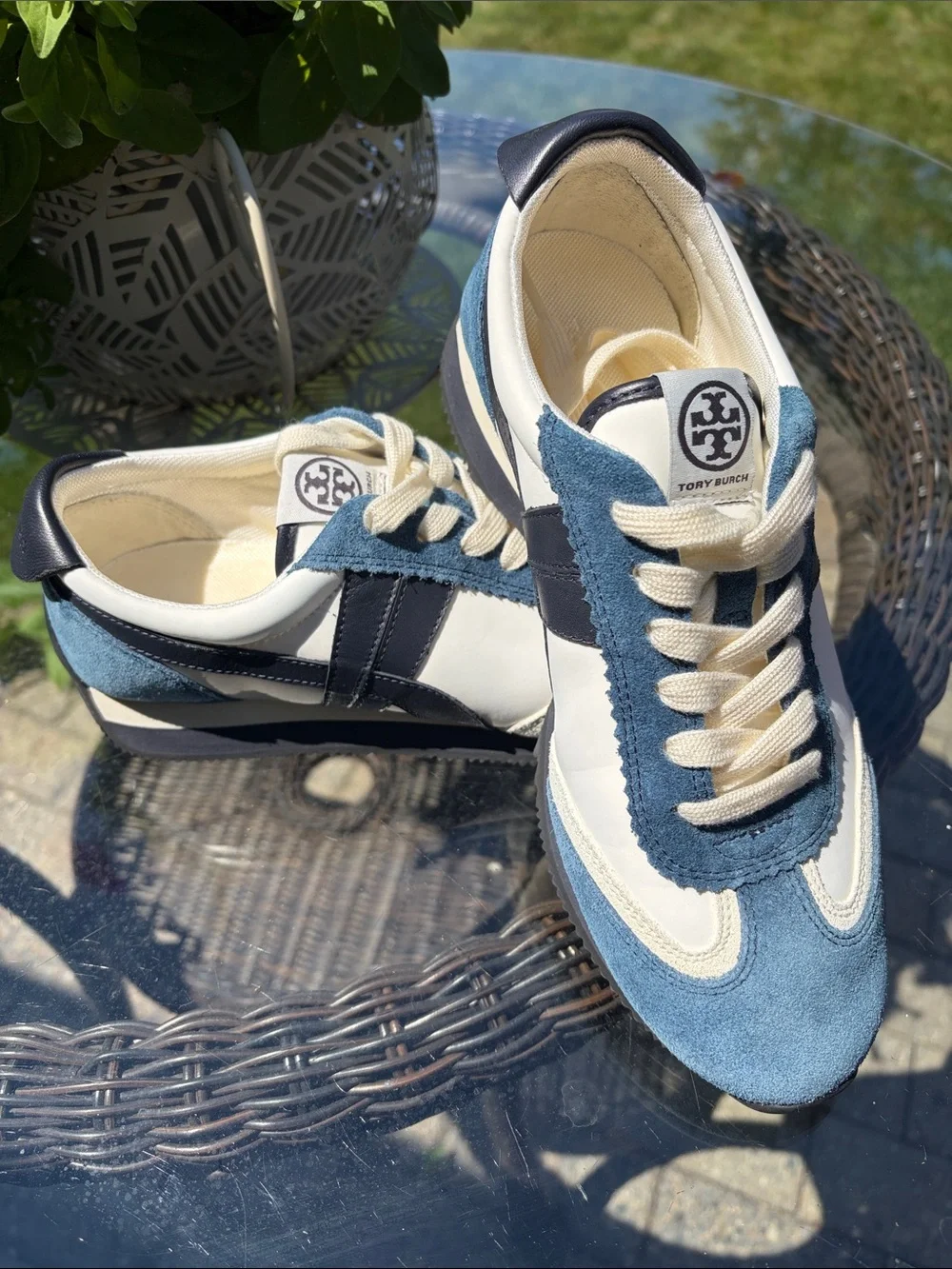 Tory Burch Blue and White Suede & Leather Sneakers